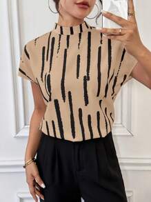 SHEIN Essnce Áo sơ mi tay ngắn cổ bẻ in họa tiết cọ thanh lịch rộng rãi cho nữ, mùa hè - Lạc đà - Xem 7