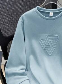 SHEIN 青少年男孩休閒寬鬆舒適百搭素色壓紋圓領運動衫 - 藍色 - 查看 3