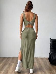 SHEIN Unity Đầm Maxi hở lưng gợi cảm cho nữ, trang phục mùa hè cho nữ - xanh quân đội - Xem 2