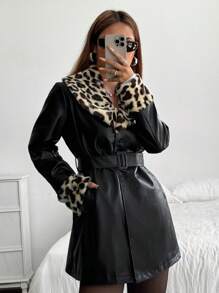 SHEIN EZwear Chaqueta  con mangas largas y estampado de leopardo para mujeres - Negro - Ver 1