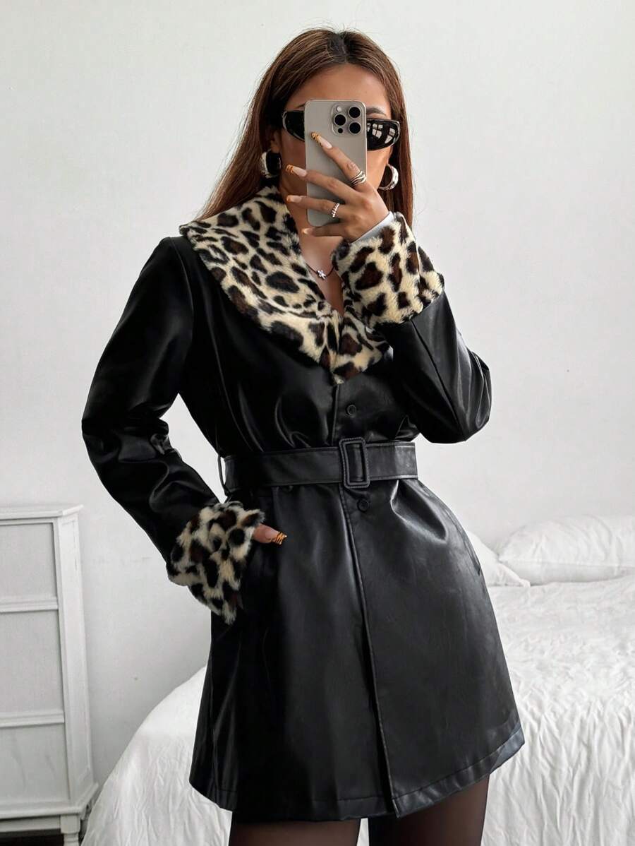 SHEIN EZwear Chaqueta  con mangas largas y estampado de leopardo para mujeres - Negro - Ver 1