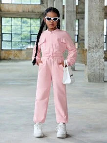 SHEIN SLAYR Tween Girl Tween Girl 翻盖口袋运动衫和慢跑裤套装 - 淺粉色 - 查看 6