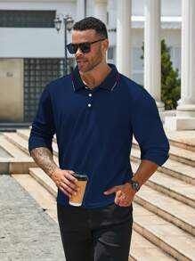 Manfinity Homme 大码男士休闲纯色长袖 Polo 衫，春秋季，外出 - 藏蓝色 - 查看 3