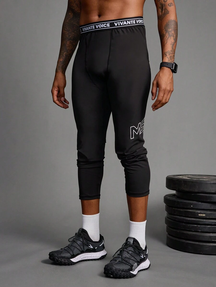 Coreblaze Boyfriend Style Men's Letter Print Sports Compression Pants, Casual Daily Wear Gym Clothe Hiking Outfit Cropped Undershirt - Dusty Blue - View 1