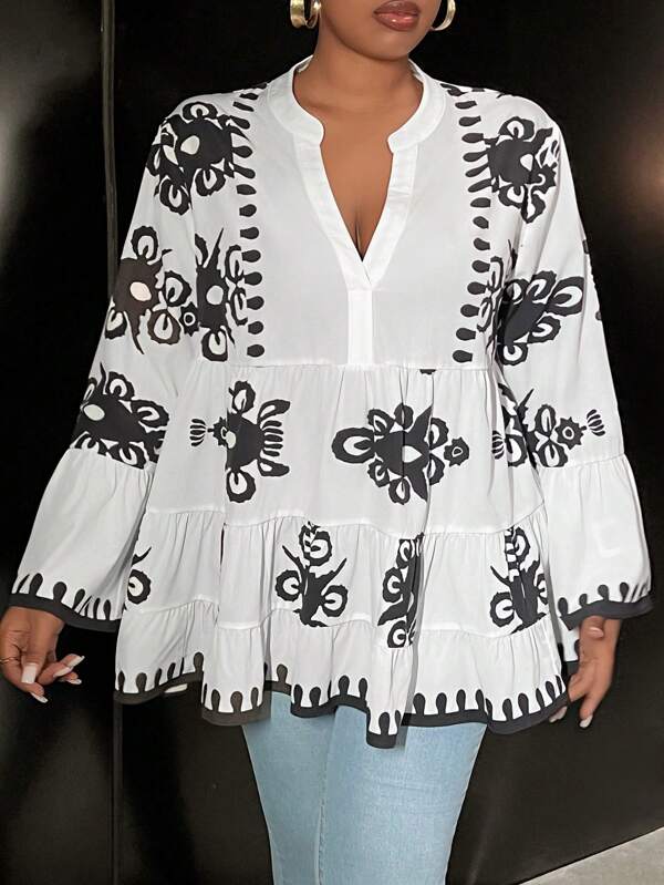 Slaydiva Camisa holgada de manga dolman con impresión, cuello en V elegante, de múltiples capas y volantes en el bajo, para vacaciones, talla grande