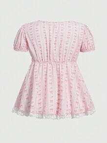 ROMWE Kawaii 大码夏季碎花蝴蝶结腰娃娃裙 - 粉色 - 查看 3