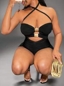 BamGleam Ladies' Solid Color Simple Daily Skinny Jumpsuit - Black - View 5