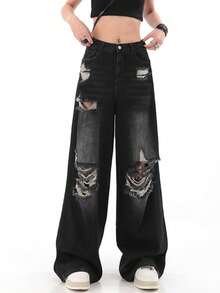 Ripped Wide Leg Jeans,Ladies Button,Pocket,Ripped,Zipper Natural Wide Leg Extra Long Black Boyfriend Fit Loose Women Jeans,Spring/Fall,Casual Daily Wear