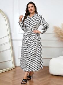 Modelyn Vestido camisero modesto de manga larga con estampado de rayas onduladas para mujer talla grande, para primavera/verano. Vestidos largos de estilo árabe para eventos de noche