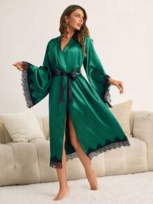 SHEIN Bata de mujer de satén verde oliva de manga larga y largo casual para dormir - Verde Oscuro - Ver 7