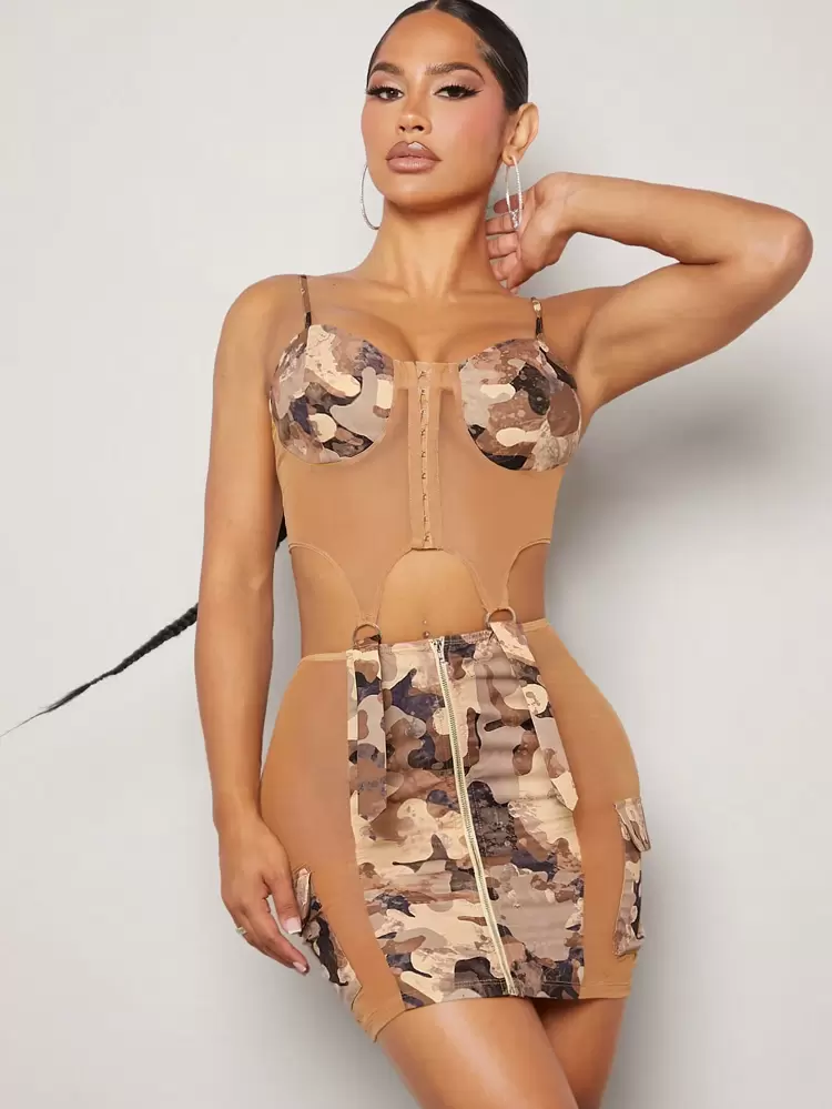 Camo Print Mesh Top & Panel Skirt Two Piece Set