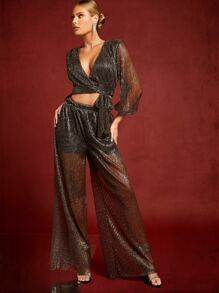 Hauture Glitter Wrap Top & Wide Leg Pants Two Pieces Set