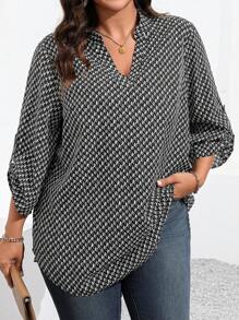 Chemise imprimée à manches retroussées, grande taille, printemps/automne - Noir - Voir 4