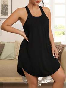 INAWLY Plus Size Solid Color Dress With Arched Hemline - Black - View 1