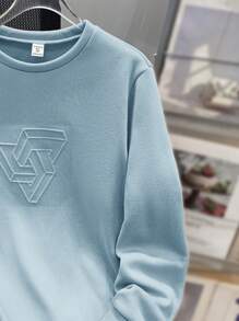 SHEIN 日常休闲青少年男童蓝色布料卫衣，几何图案拼接细节，圆领长袖，卫衣，浅蓝色卫衣设计，儿童男童，可爱纯色卫衣，天蓝色衬衫，青少年长袖，冬季套装，冬季服装，秋季服装，所有服装