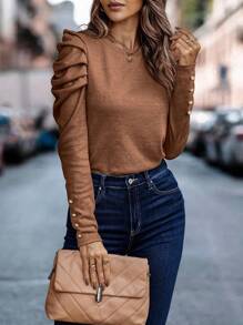SHEIN Clasi Áo thun nữ màu trơn Giải trí - màu nâu - Xem 3