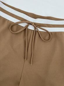 Slaydiva Hơn Sọc trang trí Thả vai Áo len crop & Dây thắt lưng Xà cạp - Màu Khaki - Xem 3