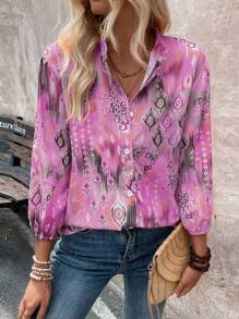 EMERY ROSE Women's Spring & Summer Geometric Print Lantern Sleeve Loose Casual Shirt, Random Print - Multicolor - View 3