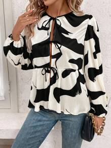 SHEIN Clasi Women's Casual Colorblock Printed Blouse, Spring Autumn Long Sleeve Shirt Tie Shirt Fall Women Clothes Fall Women Shirts Long Sleeve Women Blouses - Black and White - View 6