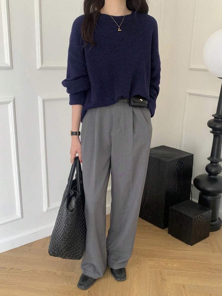 Women's Loose Fit Solid Color Drop Shoulder Long Sleeve Knitted Sweater, Autumn/Winter,Fall Women Clothes Business Casual Woman Work Clothes