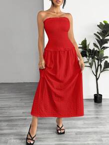 SHEIN Essnce Robe ample boho décontractée pour femmes, à plissage, sans bretelles, pour l'été, robe longue