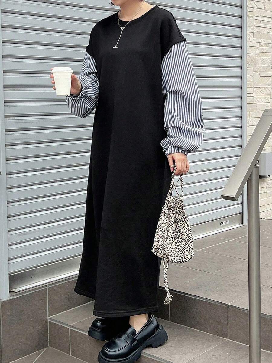 FRIFUL 女式拼接条纹印花休闲长袖中长连衣裙 - 黑色 - 查看 1