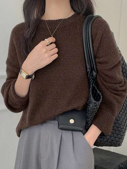 Dazy-Less Suéter de punto holgado y suelto con mangas largas y hombros caídos, de unicolor, para mujer, estilo "Old Money" para otoño e invierno