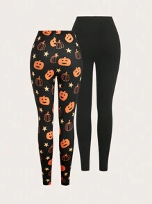 SHEIN EZwear Women's Halloween Pumpkin Print Leggings, 2 Pieces Set - Multicolor - View 2
