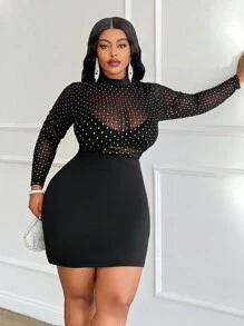 Slaydiva Vestido mini negro sólido y ajustado, elegante, para fiesta, cóctel, evento, cita nocturna, de tela semitransparente con parches de malla con rombos estampados, talla grande