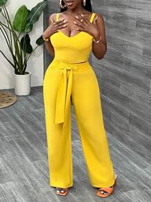 Slaydiva Elegant Spaghetti Strap Back Crop Top Wide Leg Bow Belt Trousers Yellow Women's Two-Piece Set-C