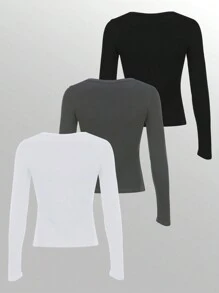 INAWLY Women's Solid Color Button Front Long Sleeve Casual T-Shirt, Spring Summer Fall Cloth For Women - Multicolor - View 2