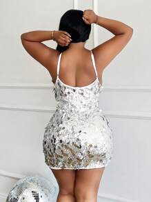 Slaydiva Vestido mini ceñido con escote bajo, sin mangas, con decoración de perlas, para mujer de talla grande, elegante para verano - Plateado - Plateado - Ver 3