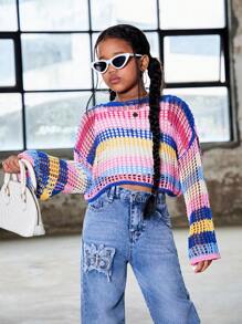 Travachic KIDS Tween Girl Loose Elegant Cropped Rainbow Striped Crewneck Pullover Sweater With Long Sleeves