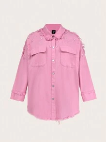 Slaydiva Plus Flap Pocket Drop Shoulder Raw Hem Coat - Pink - View 1