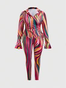 Slaydiva Top Con Estampado Integral De Manga Con Volante Y Leggings Con Cordón Lateral