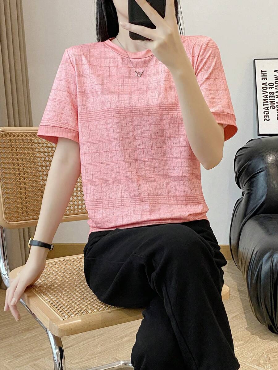 SHEIN Unity Women Plain Simpile Round Neck Short Sleeve T-Shirt - Pink - View 1
