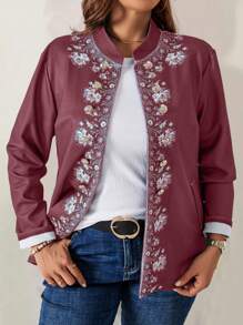 EMERY ROSE Jaket Musim Gugur Wanita Ukuran Besar Motif Bunga Biru - Burgundy - View 1