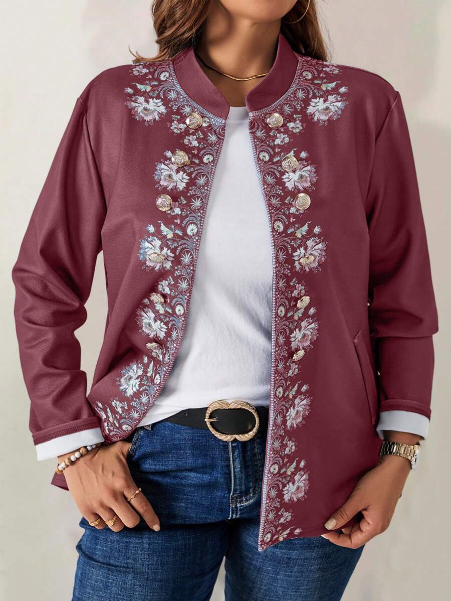 EMERY ROSE Jaket Musim Gugur Wanita Ukuran Besar Motif Bunga Biru - Burgundy - View 1