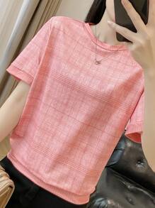 SHEIN Unity Women Plain Simpile Round Neck Short Sleeve T-Shirt - Pink - View 7