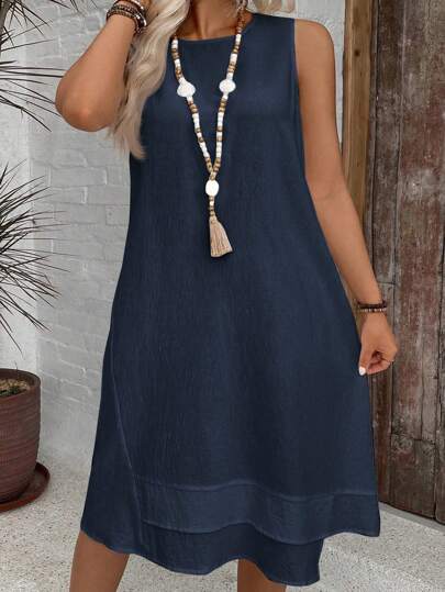 SHEIN VCAY Plus storlek kvinnors enfärgad rund hals Casual ärmlös klänning, sommar