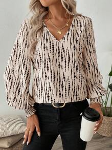 SHEIN LUNE Áo cánh tay đèn lồng cổ chữ V in chấm bi cỡ lớn mùa thu cho nữ có túi, áo cánh công sở thường ngày cho nữ, áo cánh công sở - Nhiều màu - Xem 1