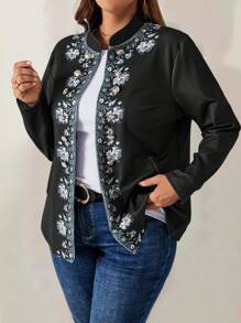 EMERY ROSE Plus Size Women's Blue Floral Printed Fall Jacket - Black - View 6