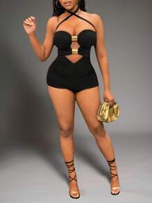 BamGleam Ladies' Solid Color Simple Daily Skinny Jumpsuit - Black - View 4