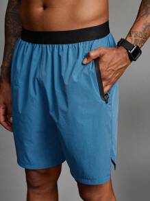 Gym Rark Boyfriend Style Men's Zipper Pocket Contrast Color Elastic Waist Loose Sports Shorts Sweat Pants - Teal Blue - View 6