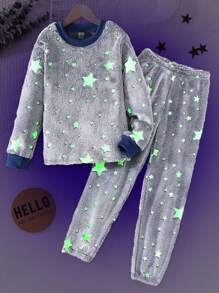 2 件 Tween Boy 夜光星星图案羊毛拼色罗纹运动衫和裤子休闲舒适睡衣套装