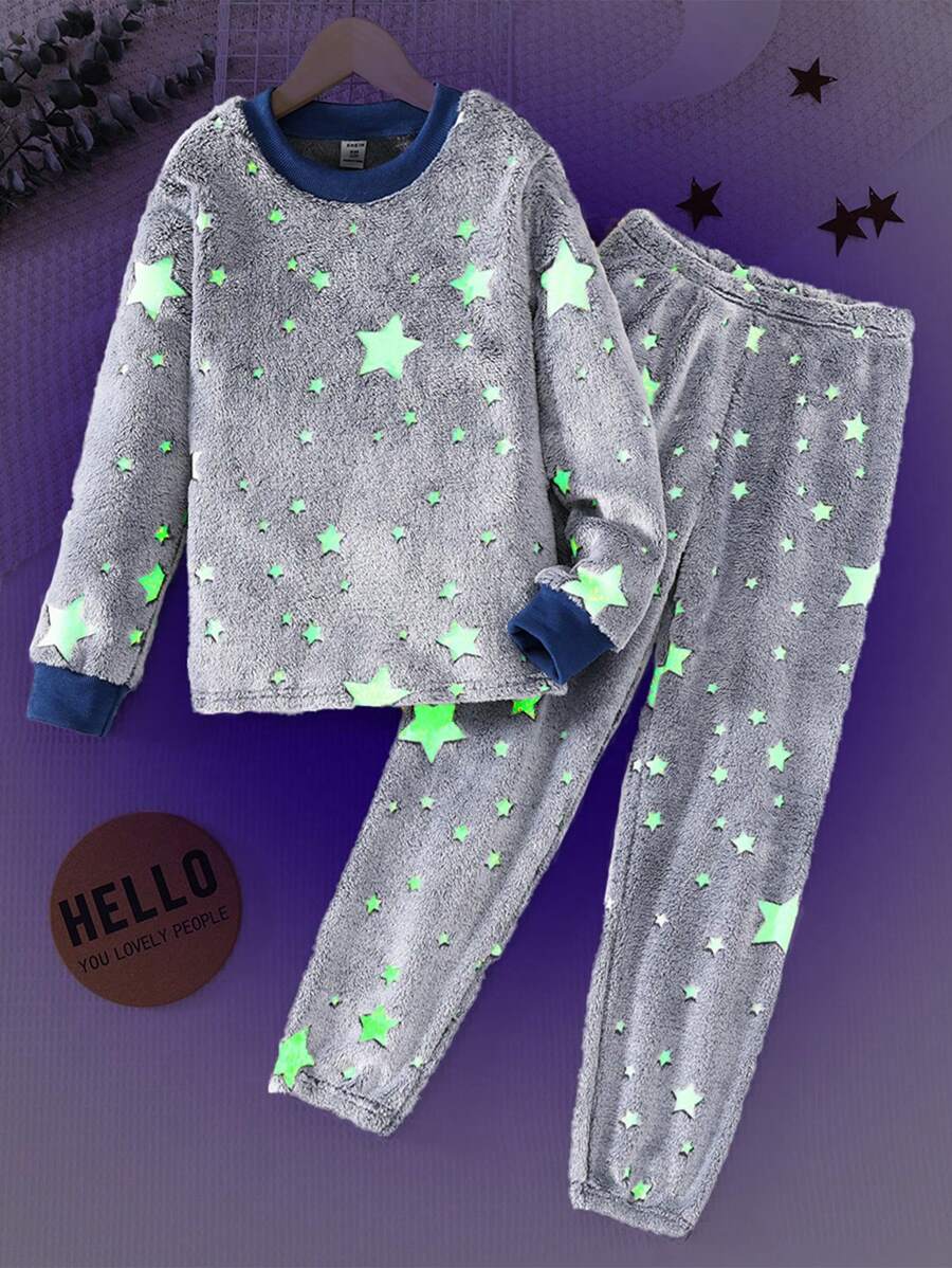 2 件 Tween Boy 夜光星星图案羊毛拼色罗纹运动衫和裤子休闲舒适睡衣套装