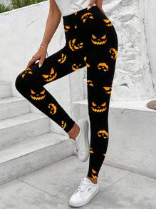 SHEIN LUNE سراويل نسائية بتصميم نحيف بنمط عنصر هالوين، طراز كاجوال وبسيط، مناسبة للخريف والشتاء - متعدد الألوان - مشاهدة 5