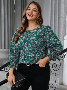 SHEIN Clasi 大码女式碎花圆领灯笼袖宽松优雅衬衫 - 墨綠色 - 查看 3