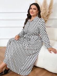 Modelyn Vestido camisero modesto de manga larga con estampado de rayas onduladas para mujer talla grande, para primavera/verano. Vestidos largos de estilo árabe para eventos de noche