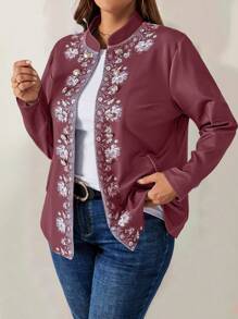 EMERY ROSE Jaket Musim Gugur Wanita Ukuran Besar Motif Bunga Biru - Burgundy - View 6